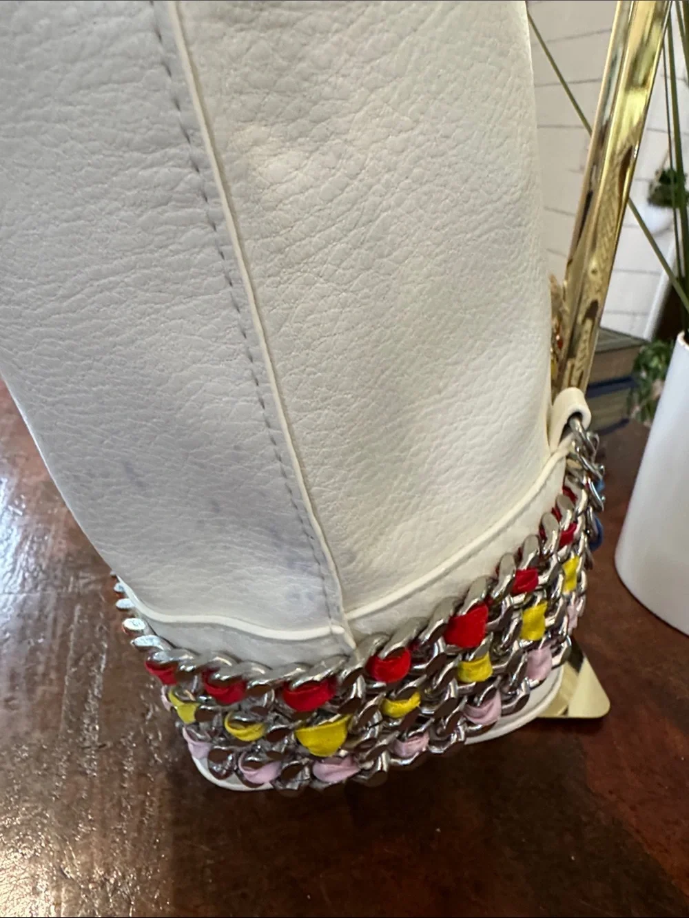 Betsey Johnson White Bucket Bag with Multicolor Chain Trim